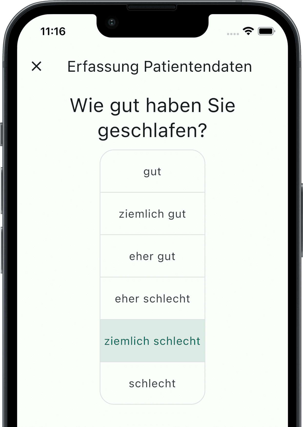Screenshot aus der Sleep Journal App mit Frage: Wie gut haben Sie geschlafen? Mehrere Antwortmöglichkeiten, davon ausgewählt: ziemlich schlecht